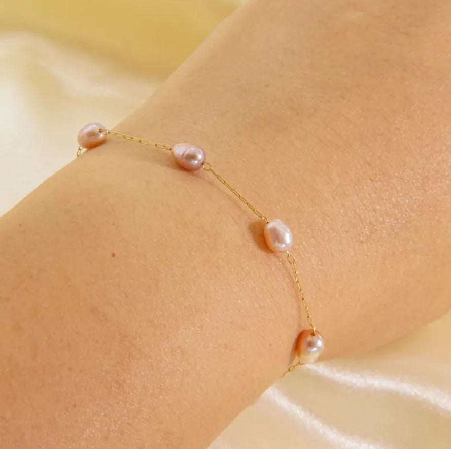 14k Gold plated, Stainless Steel, silver, pink and lavender hues, Freshwater Pearl bracelet