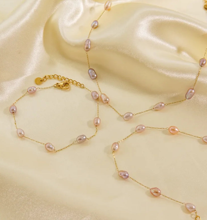 14k Gold plated, Stainless Steel, silver, pink and lavender hues, Freshwater Pearl bracelet