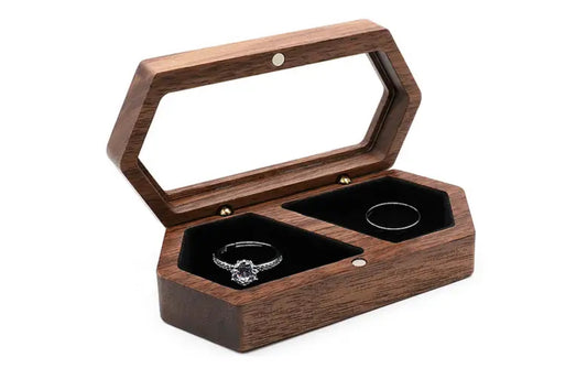 Double compartment, solid wood, glass lid, ring/jewellery box, black / white velvet interior - personalisation available