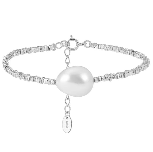 White Gold overlaid Sterling Silver (925), Geometric kube bracelet with large freshwater pearl